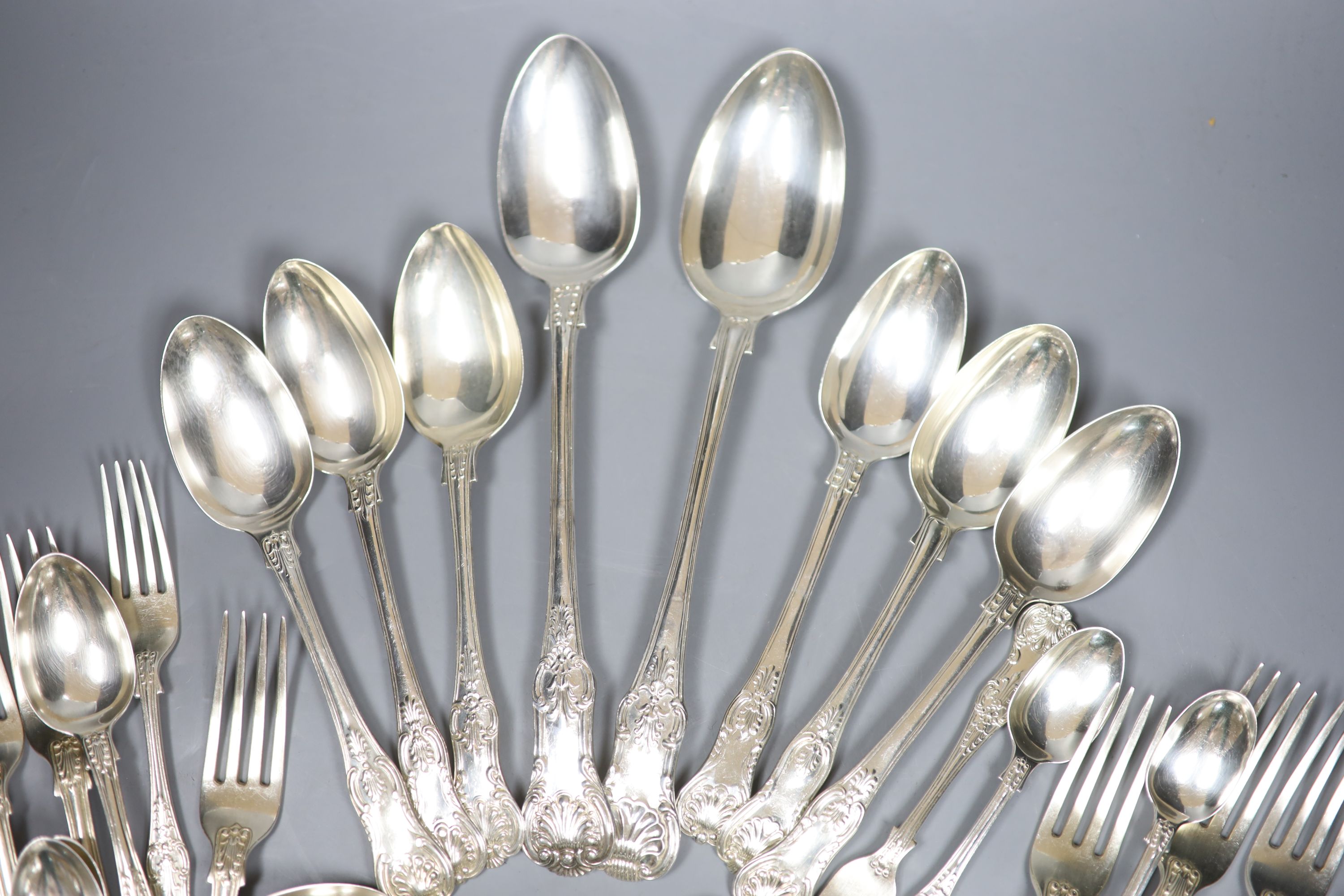 A matched 19th century and later Kings pattern part service of silver flatware, various dates and makers, approx 78oz.